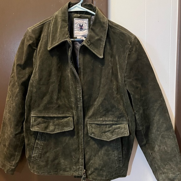 VTG Vintage Genuine Leather Jacket Olive Army Green Full Zip Pockets Coat M - Picture 1 of 10